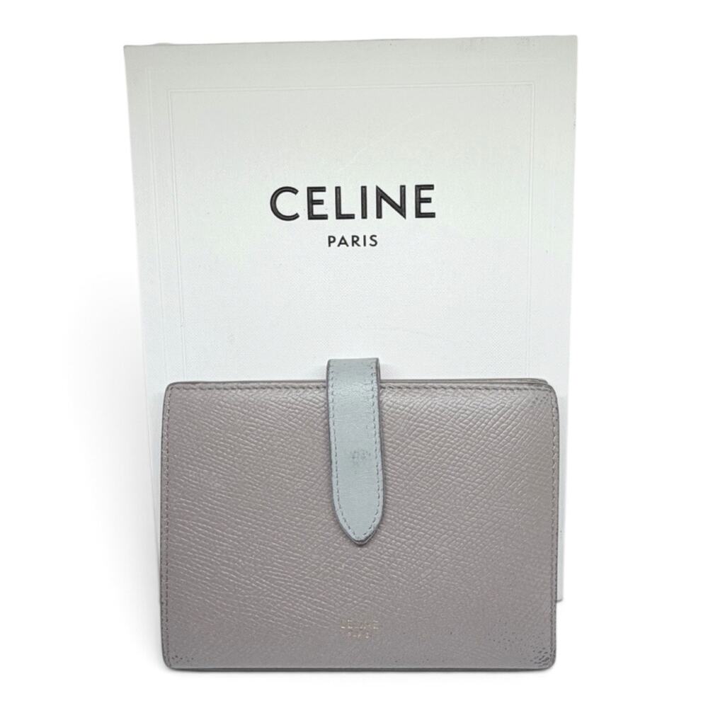 Celine Medium Strap Wallet Bicolor Grained Calfskin Greige Blue w/ Box